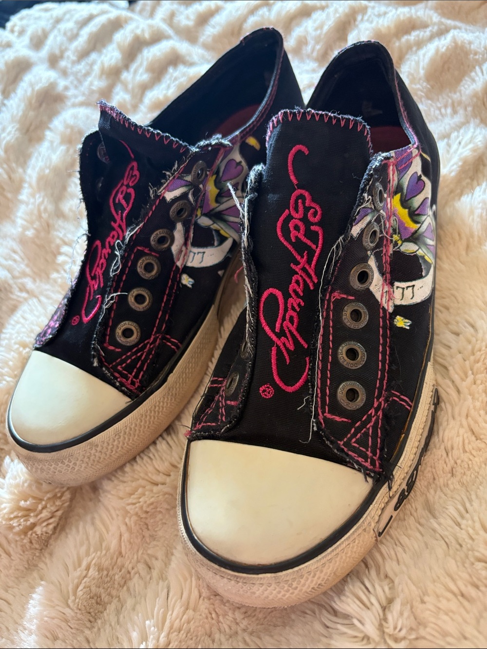 Ed Hardy Black Slip-On Canvas Sneakers with Pink Logo and Multicolor Graphics